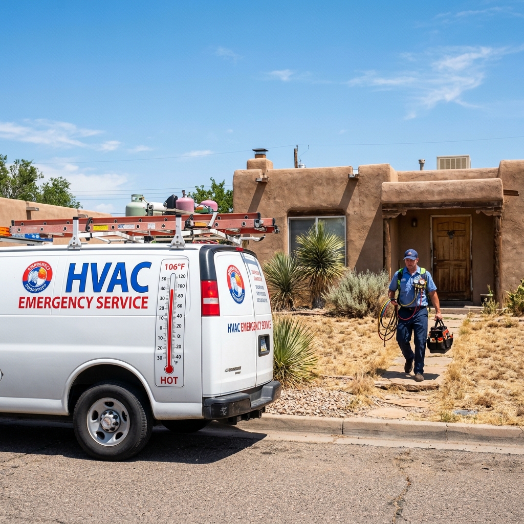 HVAC emergency service van arriving at a Pueblo Colorado home during an extreme summer heat wave
