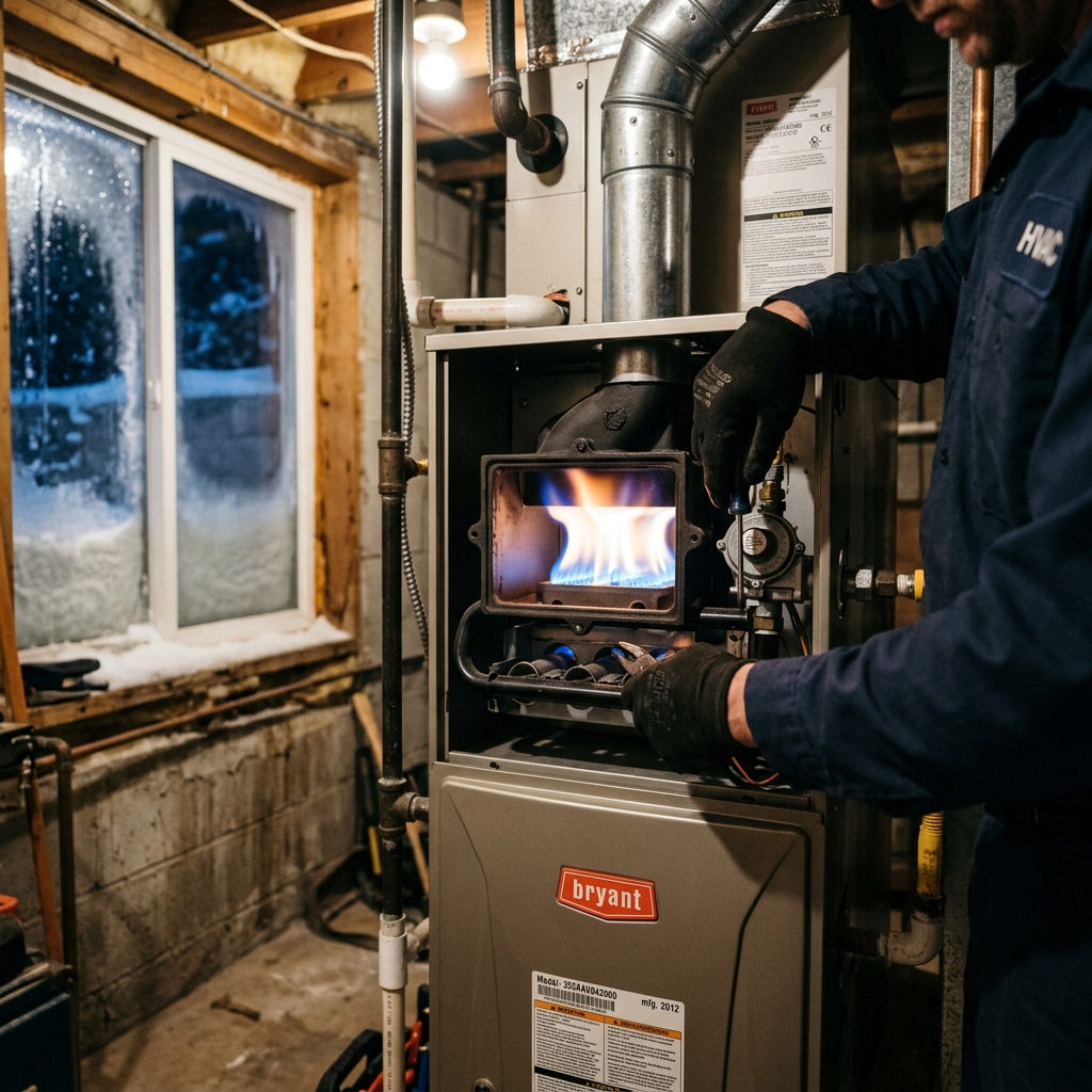 Gas furnace with visible flame inside a Colorado home basement during winter