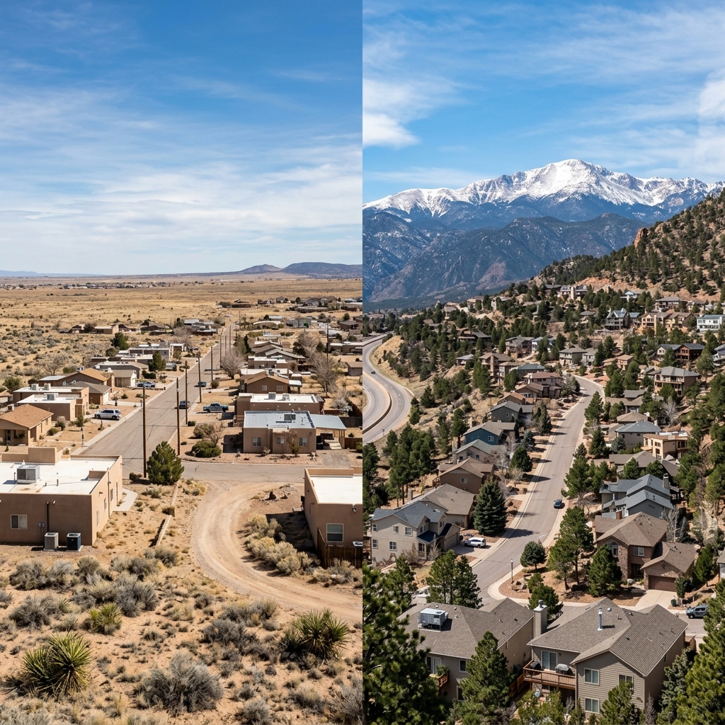 Split view comparing Pueblo Colorado flat terrain and Colorado Springs mountainous landscape with residential homes