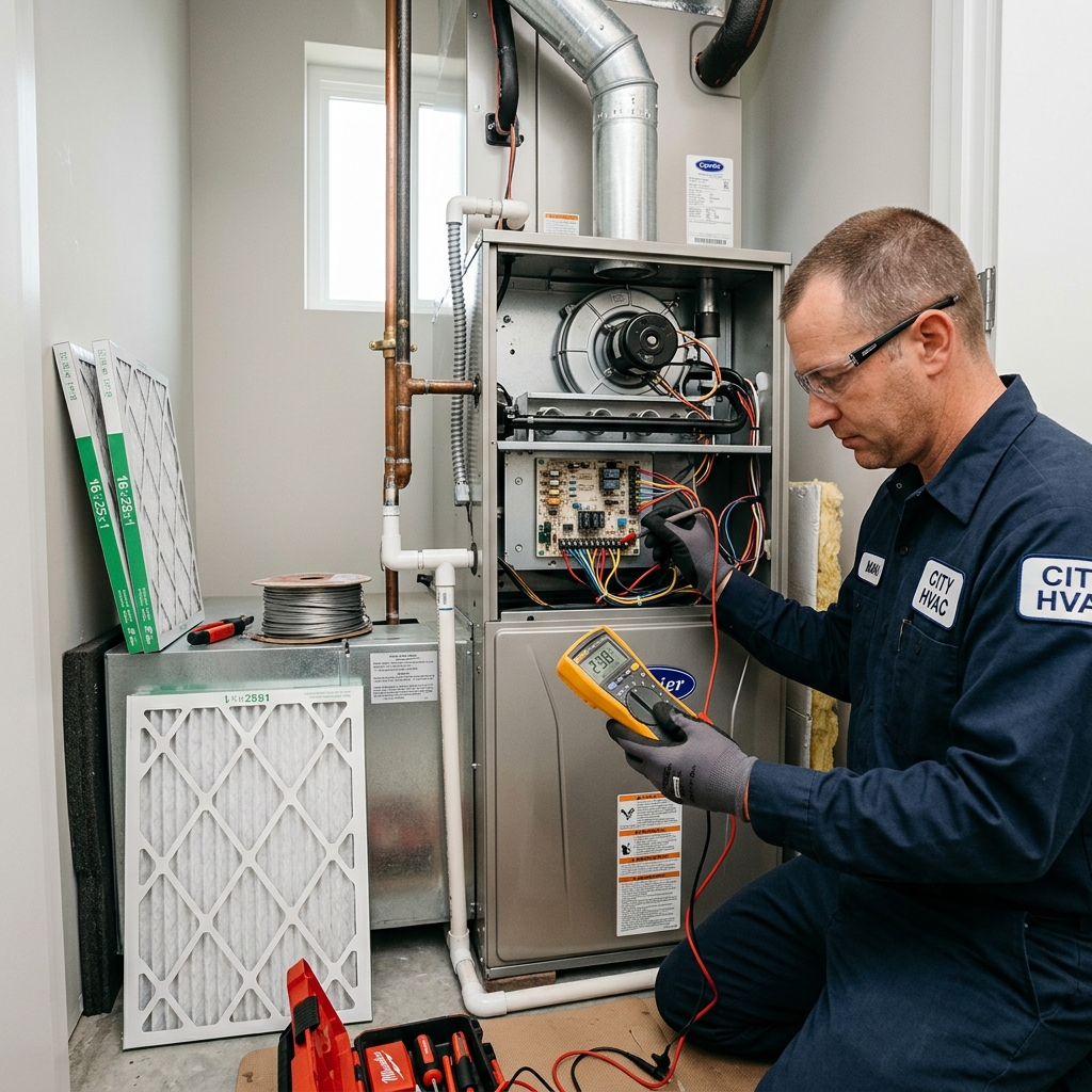 HVAC technician performing maintenance tune-up on residential furnace with multimeter