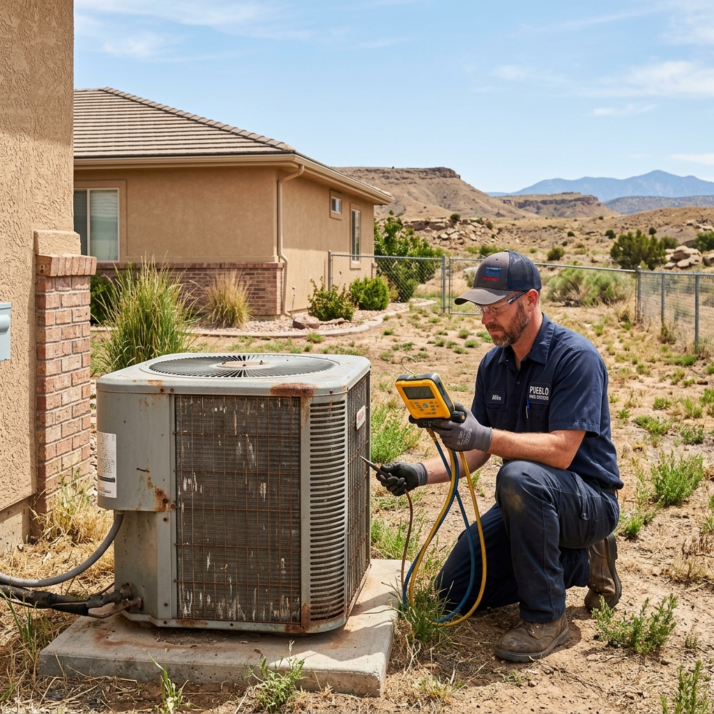 HVAC technician inspecting an aging air conditioning unit outside a Pueblo Colorado home during summer