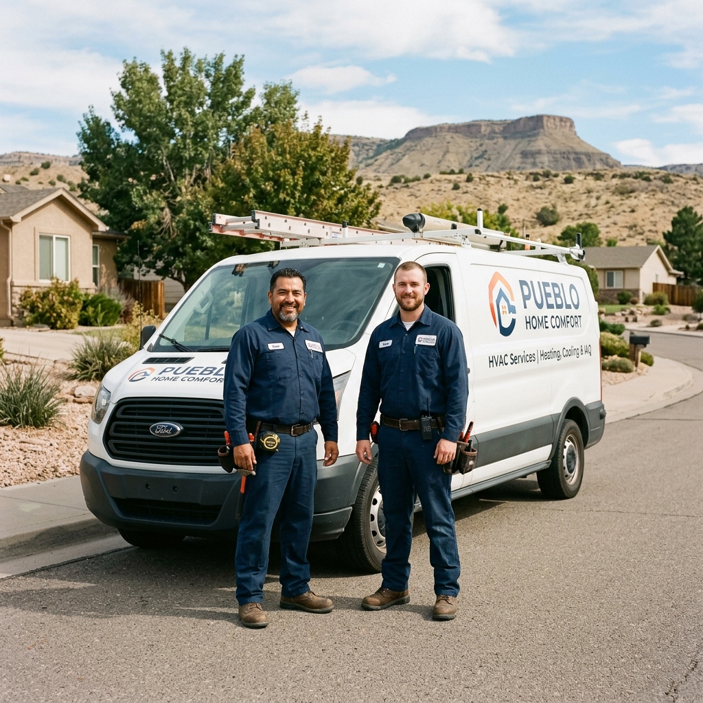 Local HVAC service team standing by their work truck in a Pueblo Colorado neighborhood